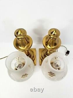 Pair of Antique Messenger & Sons Argand Brass Lamps with Foliate Glass Shades