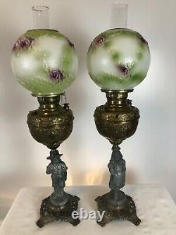Pair of Antique Miller Co. Meteor Oil Lamps Figural Banquet Parlor GWTW 40