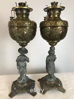 Pair of Antique Miller Co. Meteor Oil Lamps Figural Banquet Parlor GWTW 40