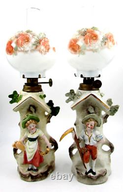 Pair of Antique Miniature Porcelain Oil Lamps Figural Farm Boy & Girl Hulsebus