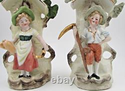 Pair of Antique Miniature Porcelain Oil Lamps Figural Farm Boy & Girl Hulsebus