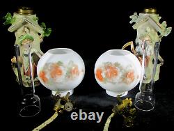 Pair of Antique Miniature Porcelain Oil Lamps Figural Farm Boy & Girl Hulsebus