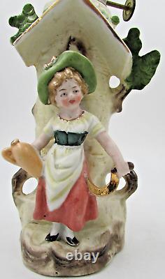 Pair of Antique Miniature Porcelain Oil Lamps Figural Farm Boy & Girl Hulsebus