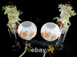 Pair of Antique Miniature Porcelain Oil Lamps Figural Farm Boy & Girl Hulsebus