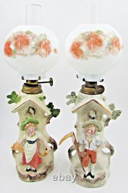 Pair of Antique Miniature Porcelain Oil Lamps Figural Farm Boy & Girl Hulsebus