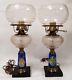 Pair of Antique Oil Lamps Cobalt Blue Glass with Old Globes Electrified