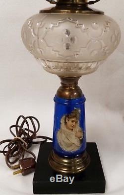 Pair of Antique Oil Lamps Cobalt Blue Glass with Old Globes Electrified