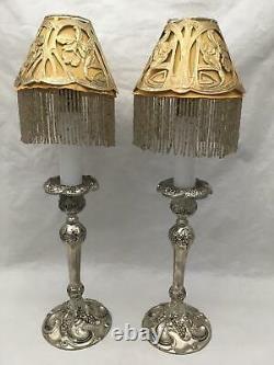 Pair of Antique TWILIGHT Glass Candle Lamps Burn Oil w BEADED ART NOUVEAU Shades