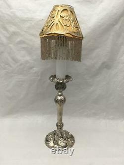 Pair of Antique TWILIGHT Glass Candle Lamps Burn Oil w BEADED ART NOUVEAU Shades