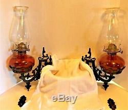 Pair of Antique Victorian Cast Iron Oil Lamp Wall Sconce Brackets and Lamps