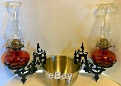 Pair of Antique Victorian Cast Iron Oil Lamp Wall Sconce Brackets and Lamps