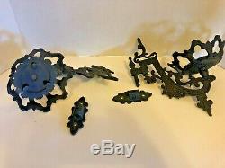 Pair of Antique Victorian Cast Iron Oil Lamp Wall Sconce Brackets and Lamps