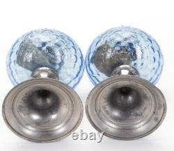 Pair of Antique Vintage French Blue Glass Coin Dot Oil Lamps Silver Plated Base