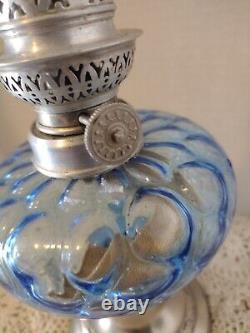 Pair of Antique Vintage French Blue Glass Coin Dot Oil Lamps Silver Plated Base