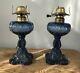 Pair of EAPG 19th Century Cobalt Blue Bulls Eye Oil Lamps Converted to Electric