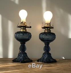 Pair of EAPG 19th Century Cobalt Blue Bulls Eye Oil Lamps Converted to Electric