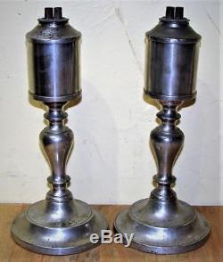 Pair of Fine Antique American Pewter Whale Oil Lamps, Putnam, c. 1830