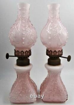 Pair of Vtg Miniature Oil Lamps Embossed Cased Pink Glass Smith Fig 222 Complete