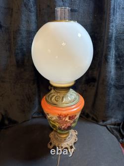 Parlor Lamp Antique Electrified Oil Lamp GWTW Fox & Roses Scene Floral 23 T