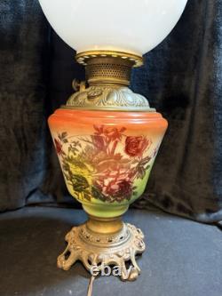 Parlor Lamp Antique Electrified Oil Lamp GWTW Fox & Roses Scene Floral 23 T