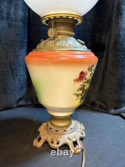 Parlor Lamp Antique Electrified Oil Lamp GWTW Fox & Roses Scene Floral 23 T