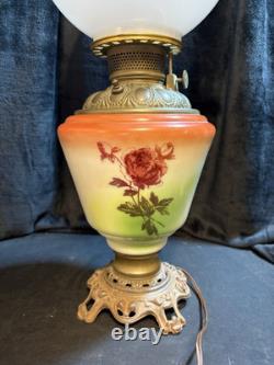 Parlor Lamp Antique Electrified Oil Lamp GWTW Fox & Roses Scene Floral 23 T