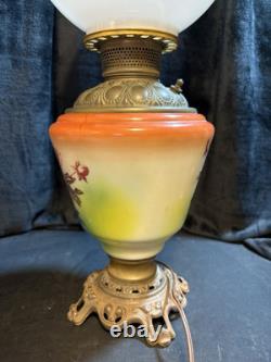 Parlor Lamp Antique Electrified Oil Lamp GWTW Fox & Roses Scene Floral 23 T