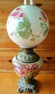Parlor Oil Lamp Hurricane Boudoir Painted pink floral glass Globe brass Antique