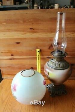 Parlor Oil Lamp Hurricane Boudoir Painted pink floral glass Globe brass Antique