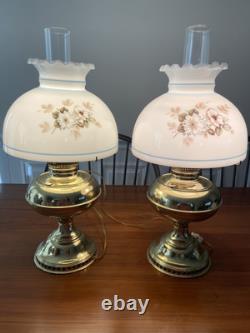 Perfect Pair of Working Antique Polished Brass Oil Lamps Converted to Electric
