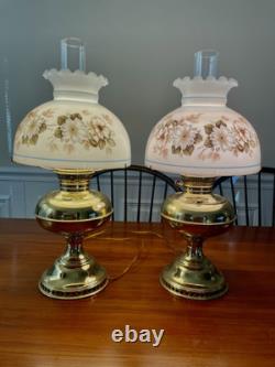 Perfect Pair of Working Antique Polished Brass Oil Lamps Converted to Electric