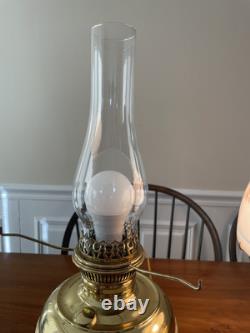 Perfect Pair of Working Antique Polished Brass Oil Lamps Converted to Electric