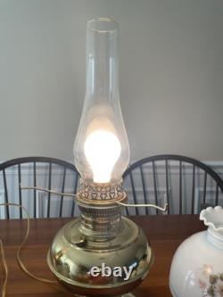 Perfect Pair of Working Antique Polished Brass Oil Lamps Converted to Electric