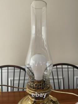 Perfect Pair of Working Antique Polished Brass Oil Lamps Converted to Electric