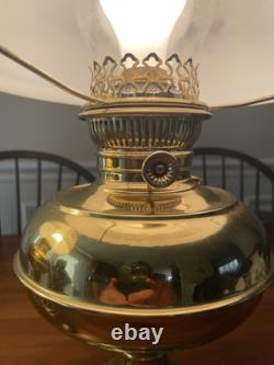 Perfect Pair of Working Antique Polished Brass Oil Lamps Converted to Electric
