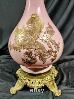 Pink Rampant Lion decor banquet GWTW parlor oil lamp base Consolidated glass