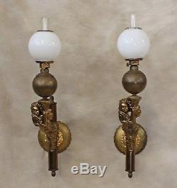 Pr Antique Victorian Brass Putti Oil / Kerosene Wall Sconces Ball Shadessigned