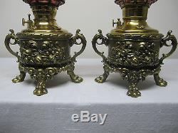 Pr. Of Antique Parlor/table Kero/oil Lamps With Amberina Hobnail Ball Shades