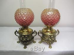 Pr. Of Antique Parlor/table Kero/oil Lamps With Amberina Hobnail Ball Shades