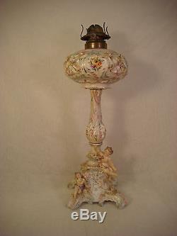 Putti Cherub Oil Table Parlor Lamp 19 1/2 Tall Floral Porcelain Victorian