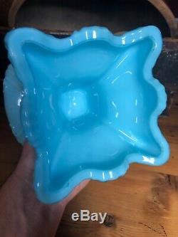 RARE! 1890 Antique BLUE OPAQUE Milk GLASS PRINCESS FEATHER Oil Lamp EAPG