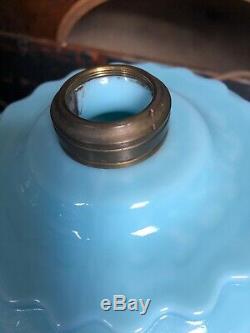 RARE! 1890 Antique BLUE OPAQUE Milk GLASS PRINCESS FEATHER Oil Lamp EAPG