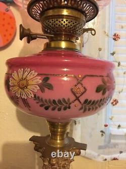 RARE 32Tall Pink Antique Elegant English Bristol Glass Oil Lamp/ double burner