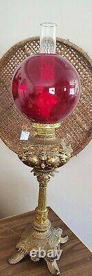 RARE ANTIQUE OIL Converted ROCHESTER Ruby Red GLASS GRAND VICTORIAN BANQUET LAMP