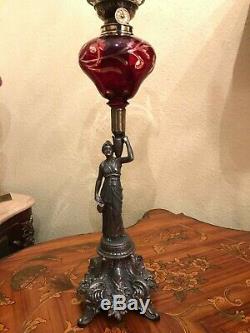 RARE Antique Beautiful Kerosene Oil Lamp Red Glass Oil Lamp