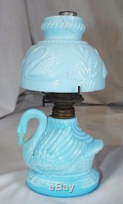 RARE Antique Blue Milk Glass SWAN Figural MINIATURE OIL LAMP with Shade COMPLETE