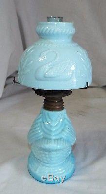 RARE Antique Blue Milk Glass SWAN Figural MINIATURE OIL LAMP with Shade COMPLETE