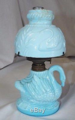 RARE Antique Blue Milk Glass SWAN Figural MINIATURE OIL LAMP with Shade COMPLETE