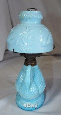 RARE Antique Blue Milk Glass SWAN Figural MINIATURE OIL LAMP with Shade COMPLETE