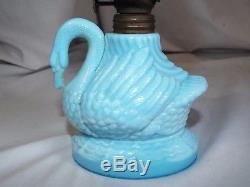 RARE Antique Blue Milk Glass SWAN Figural MINIATURE OIL LAMP with Shade COMPLETE